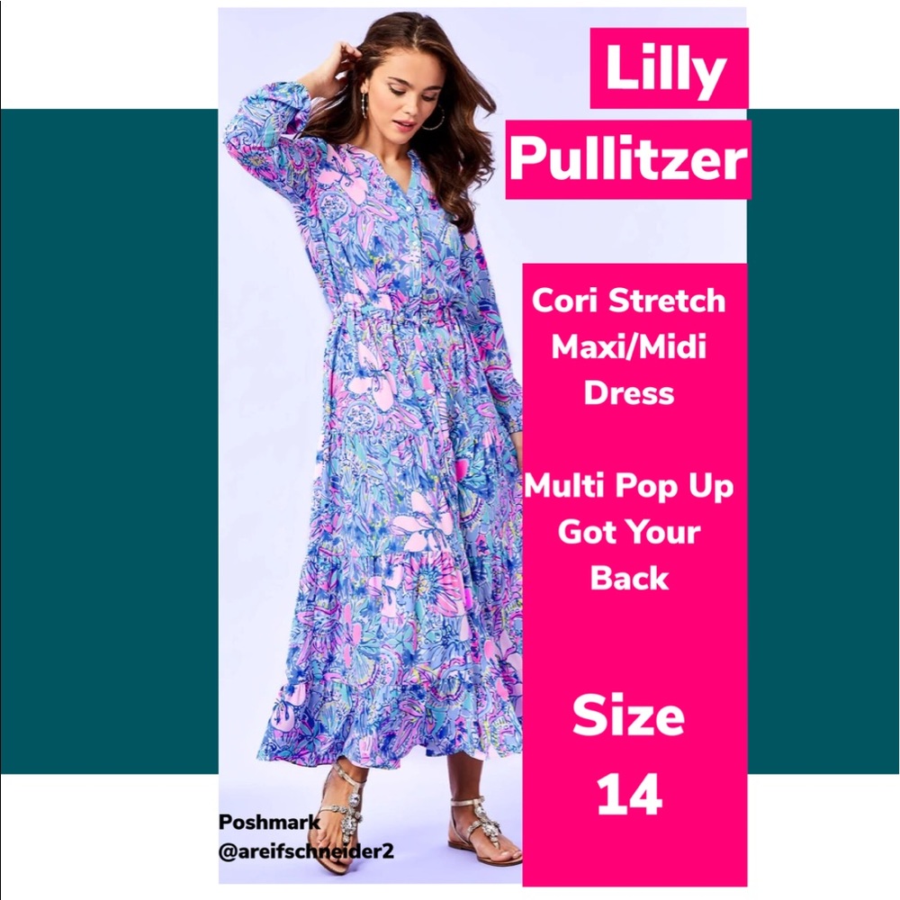 🔥🆕NWT🆕🔥Lilly Pulitzer Cori Stretch Midi Dress in Pop Up Got Your Back